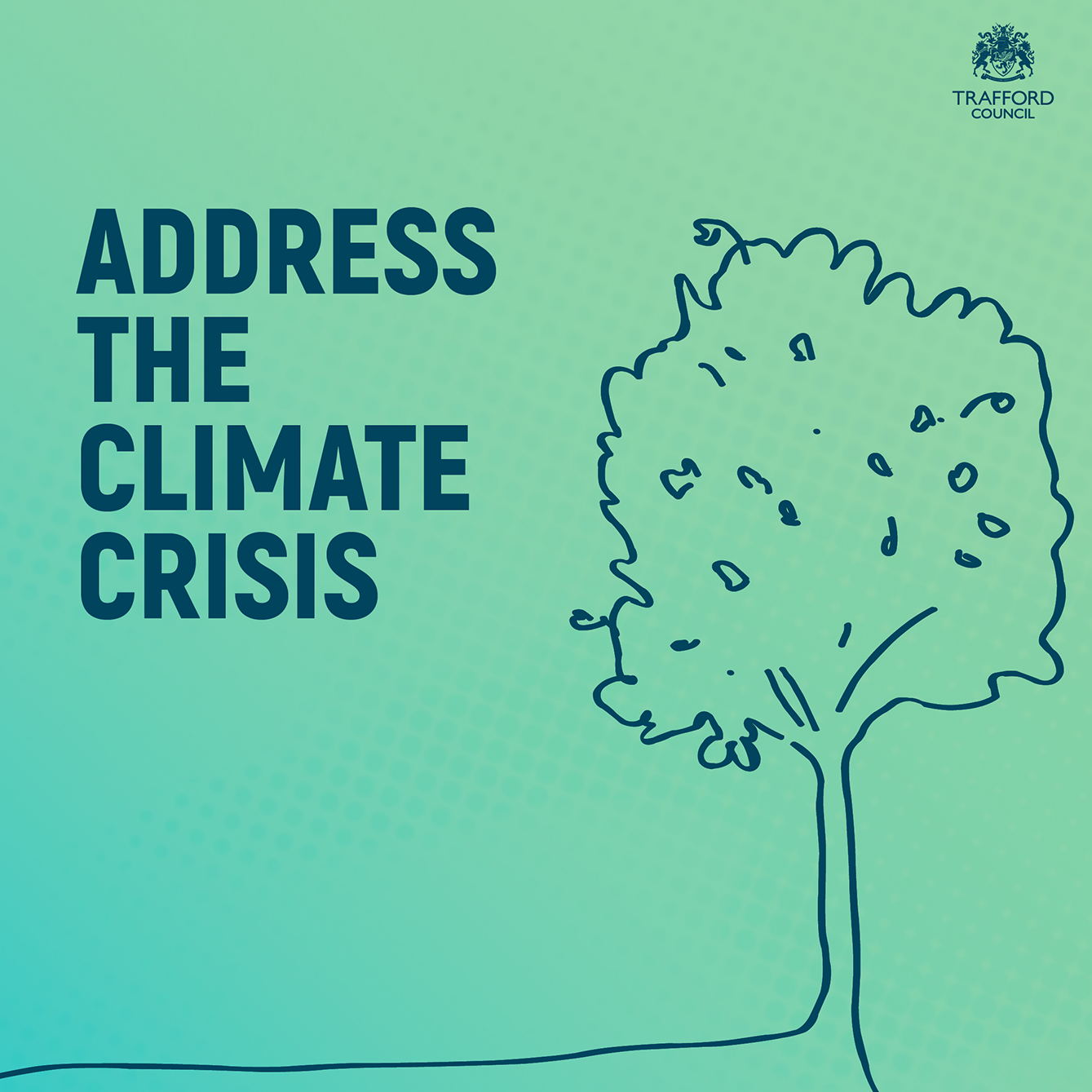 A mint green image with dark blue text that reads 'address the climate crisis'. There is an illustration of a tree on the right of the box.